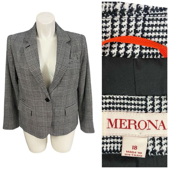 Merona Blazer Womens Sz 18 Jacket Black Houndstooth Office Corpcore Boardroom - Picture 1 of 15